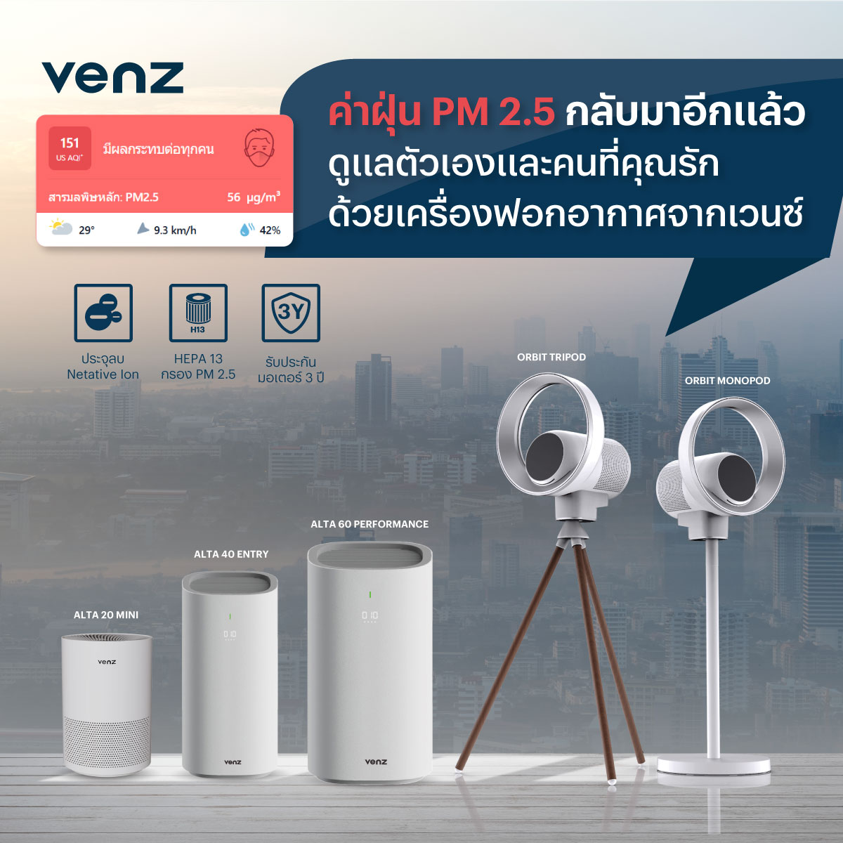 ติดตั้งเครื่องฟอกอากาศ Venz คุณภาพสูง ป้องกัน PM2.5
